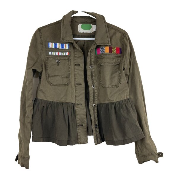 Anthropologie Sz XS Army Green Military Shirt Jacket Beaded Patches Button Down - Picture 1 of 9